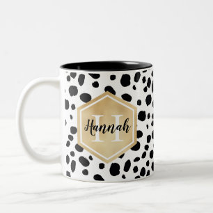 Black White Spots Pattern Gold Monogram Two-Tone Coffee Mug