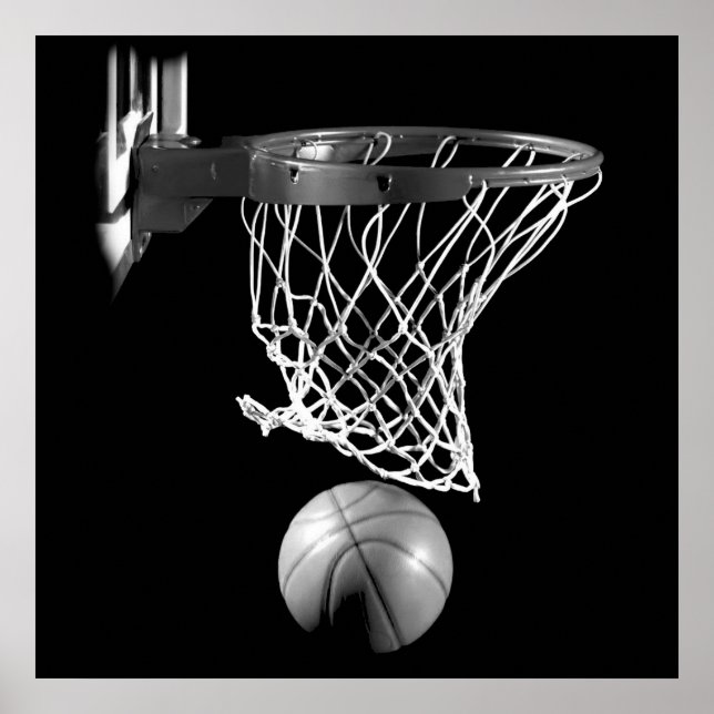 Black & White Square Basketball Ball & Net Poster (Front)