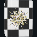 Black & White Square & Circle Mandala 2c iPad Cover<br><div class="desc">Elegant modern black and white squares background with gold black and white circle mandala design.</div>