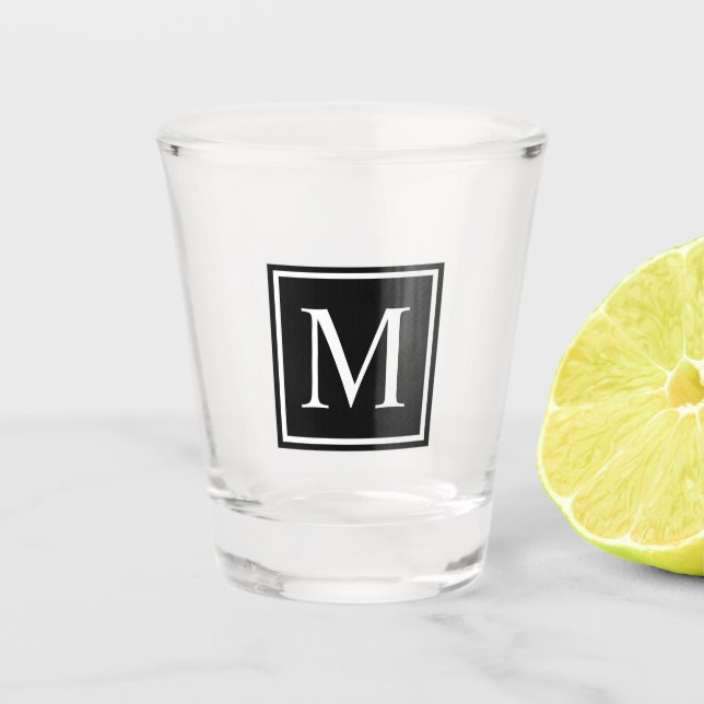 Black & White Square Personalized Initial Monogram Shot Glass (Front)