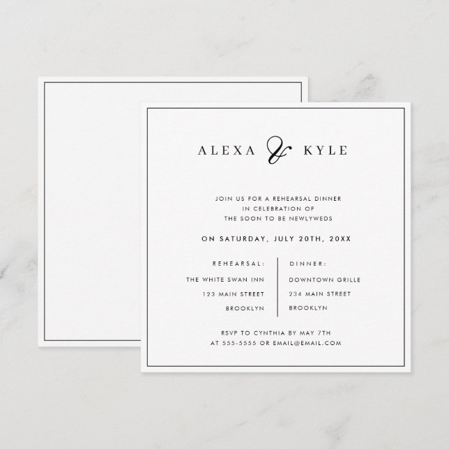 Black & White Square Rehearsal Dinner Invitation (Front/Back)
