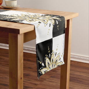 Black & white squares gold & black mandala 2a short table runner