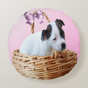 Black White Staffordshire Puppy, Round Cushion