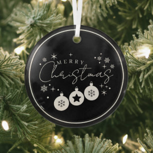 Black White Star Snowflake design Christmas tree Glass Ornament