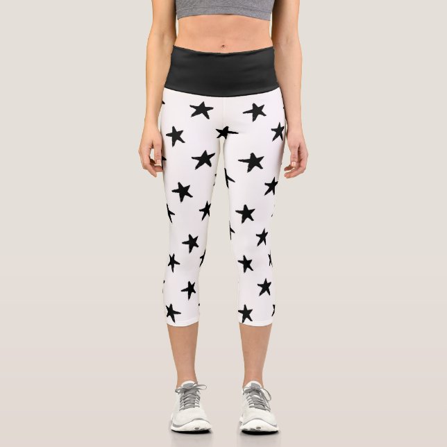 Black & White Stars Pattern Capri Leggings (Front)