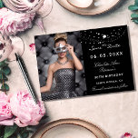Black white stars photo birthday save the date announcement postcard<br><div class="desc">A photo Save the date for a 30th (or any age) birthday
On front: Add a vertical size photo. A classic black background colour,  decorated with stars. Personalize and add a name and details.  White letters.</div>