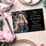 Black white stars photo elegant birthday party save the date<br><div class="desc">A photo Save the date for a 30th (or any age) birthday
On front: Add a vertical size photo. A classic black background colour,  decorated with stars. Personalize and add a name and details.  White letters.</div>