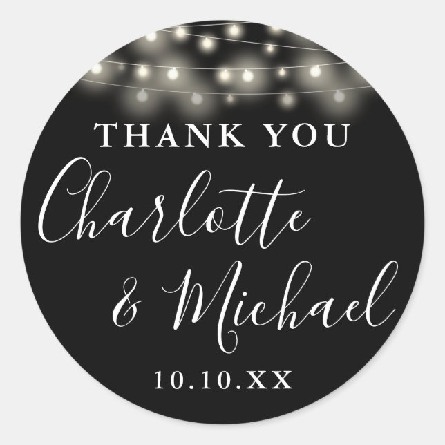 Black White String Lights Wedding Favor Thank You  Classic Round Sticker (Front)