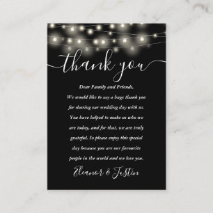 Black White String Lights Wedding Thank You Place Card