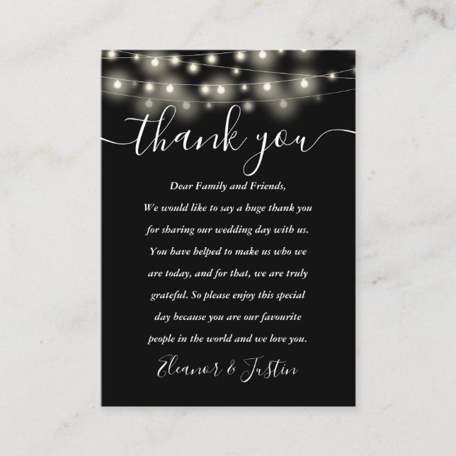 Black White String Lights Wedding Thank You Place  Place Card (Front)