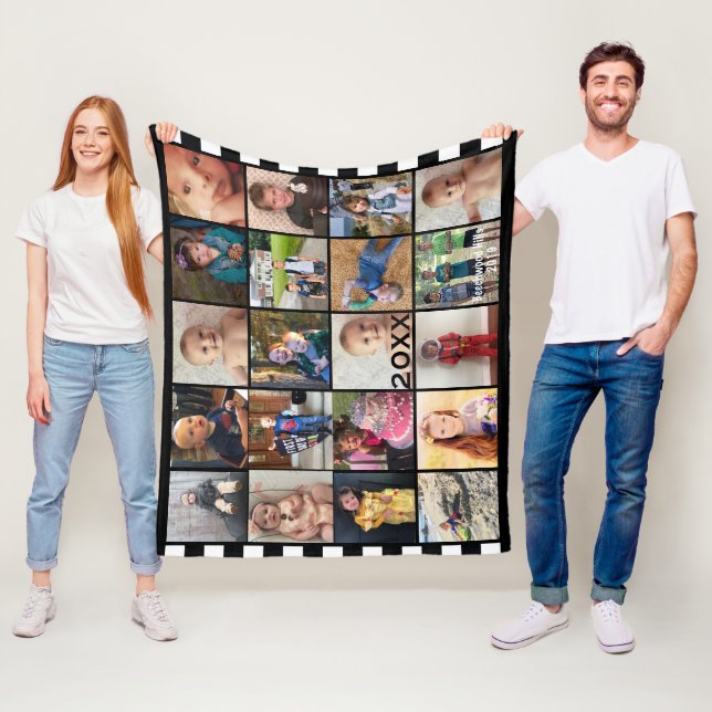 Black White Stripe 20 Photo Collage Family Fleece (In Situ)