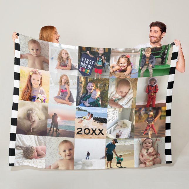 Black White Stripe 20 Photo Collage Family Fleece (In Situ)