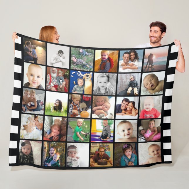 Black White Stripe 30 Photo Collage Family Fleece Blanket (In Situ)