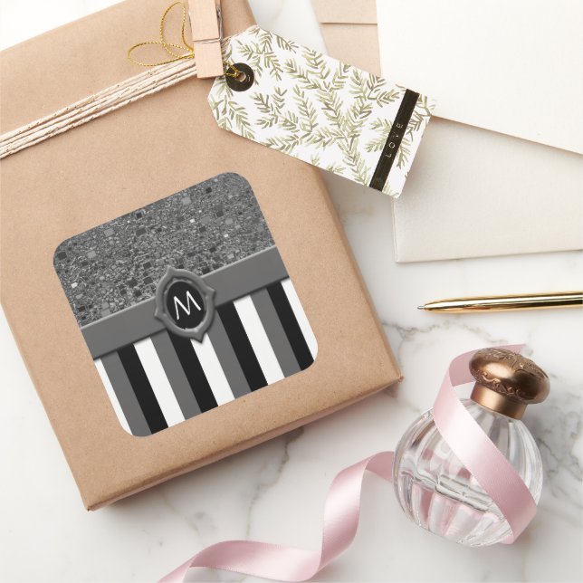 Black White Stripe Abstract Background Template Square Sticker (Gifting)