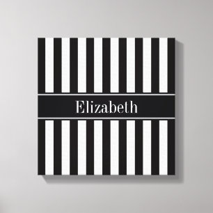 Black White Stripe Black Name Monogram Canvas Print