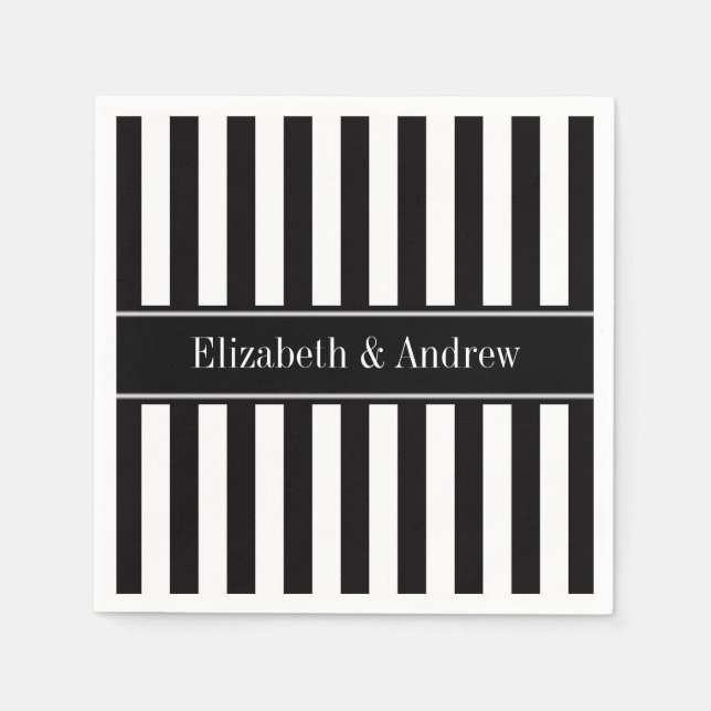 Black White Stripe Black Name Monogram Napkin (Front)