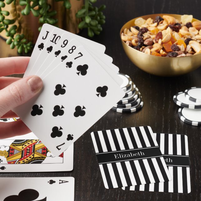 Black White Stripe Black Name Monogram Playing Cards (In Situ)