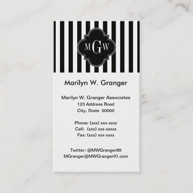 Black White Stripe Black Quatrefoil 3 Monogram Business Card (Front)