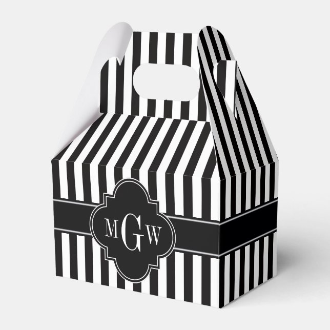 Black White Stripe Black Quatrefoil 3 Monogram Favor Box (Front Side)