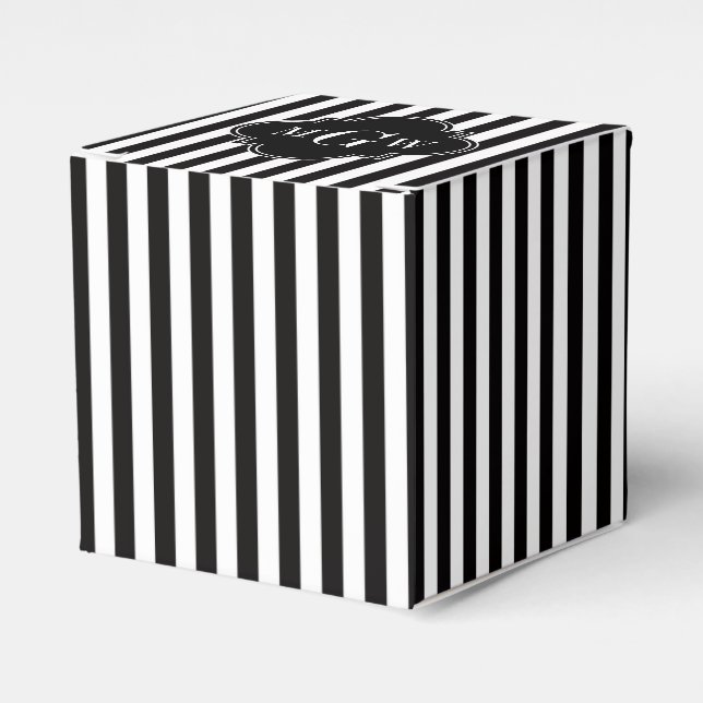 Black White Stripe Black Quatrefoil 3 Monogram Favor Box (Front Side)