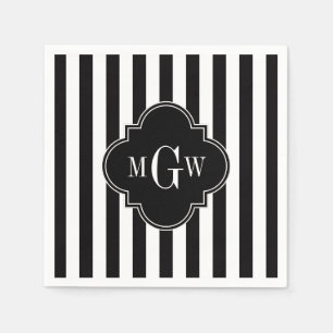 Black White Stripe Black Quatrefoil 3 Monogram Napkin