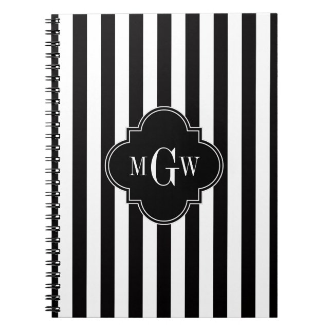 Black White Stripe Black Quatrefoil 3 Monogram Notebook (Front)