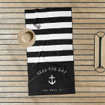 Black & White Stripe Boat Name Beach Towel<br><div class="desc">Up your boat game with these personalized beach towels in nautical black and white stripes. Personalize with your boat name and ship's registry (or captain's name) in white lettering with an anchor illustration.</div>