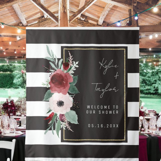 Black White Stripe Botanical Couple Wedding Shower Tapestry (Creator Uploaded)