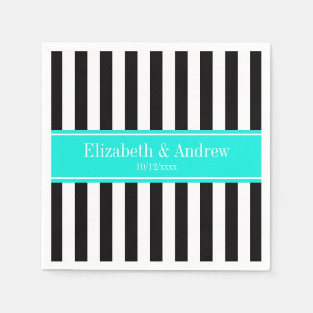 Black White Stripe Brt Aqua Ribbon Name Monogram Napkin (Front)