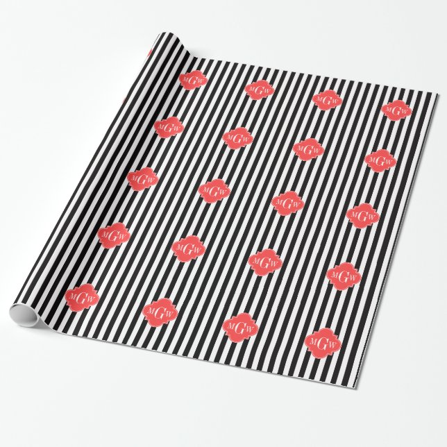 Black White Stripe Coral Quatrefoil 3 Monogram Wrapping Paper (Unrolled)