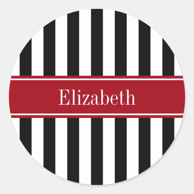 Black White Stripe Cranberry Name Monogram Classic Round Sticker (Front)