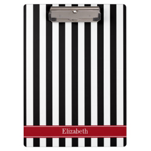 Black White Stripe Cranberry Name Monogram Clipboard
