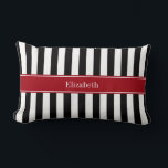 Black White Stripe Cranberry Name Monogram Lumbar Pillow<br><div class="desc">Black and White Stripe Pattern, Cranberry Red Ribbon Name Monogram Label Customize this with your name, monogram or other text. You can also change font, adjust the font size and font colour, move the text to adjust letter spacing, etc. Need this pattern in other colours or designs? Just drop us...</div>