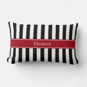 Black White Stripe Cranberry Name Monogram Lumbar Pillow