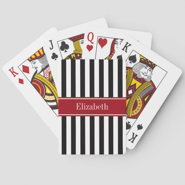 Black White Stripe Cranberry Name Monogram Playing Cards (Back)
