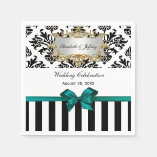 Black White Stripe Damask Dark Teal Ribbon Napkin