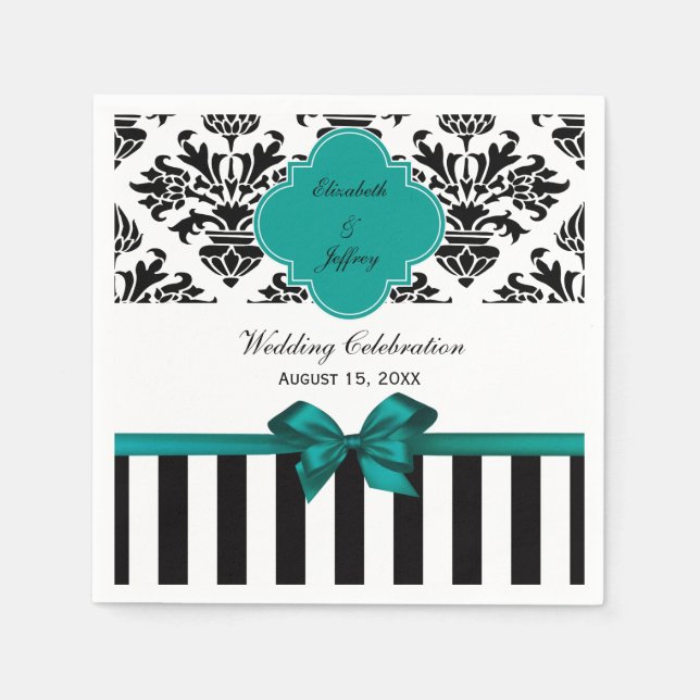 Black White Stripe Damask Dark Teal Ribbon Napkin (Front)