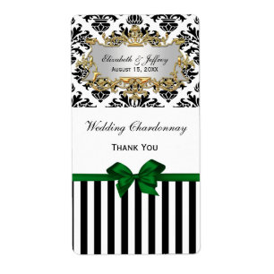 Black White Stripe Damask Forest Green Wine Label