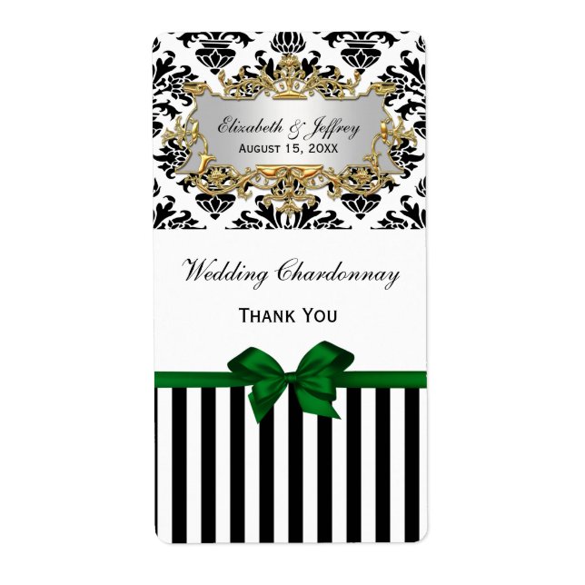 Black White Stripe Damask Forest Green Wine Label (Front)