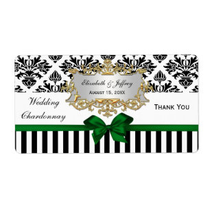 Black White Stripe Damask Forest Green Wine Label