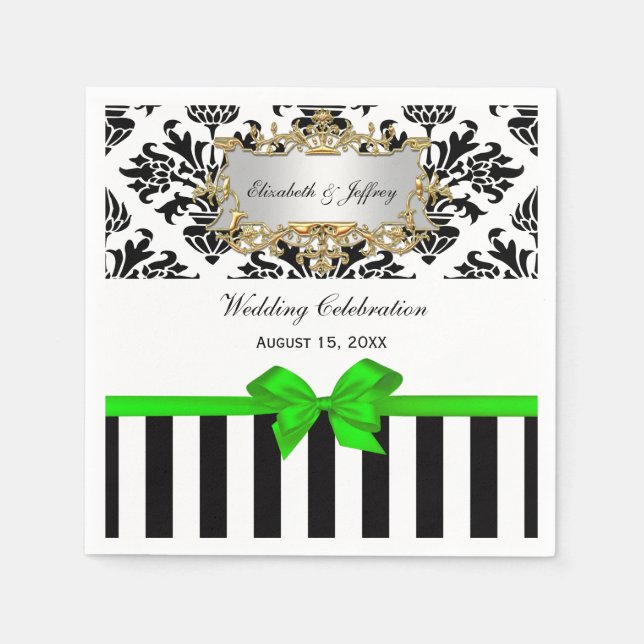 Black White Stripe Damask Lime Green Ribbon Napkin (Front)