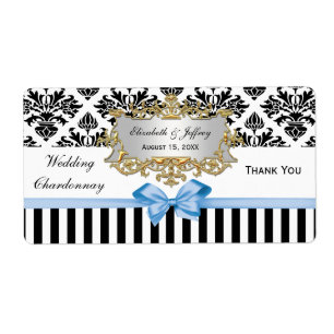Black White Stripe Damask Lt Blue Party Wine Label