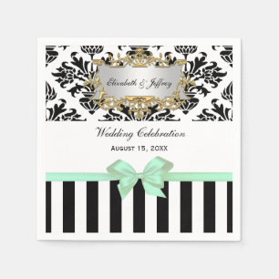 Black White Stripe Damask Mint Ribbon Napkin