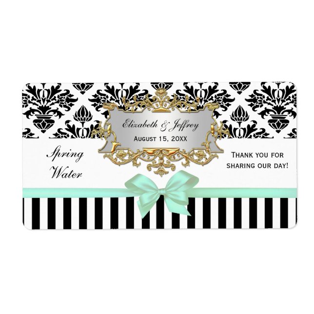 Black White Stripe Damask Mint Water Label (Front)