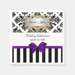 Black White Stripe Damask Purple Ribbon Napkin