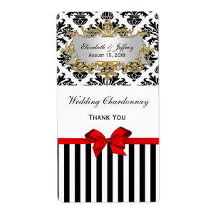 Black White Stripe Damask Red Party Wine Label