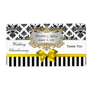 Black White Stripe Damask Yellow Party Wine Label