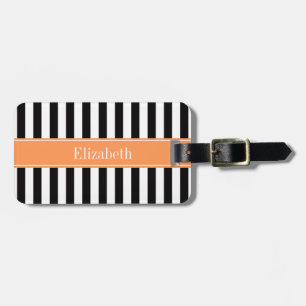 Black White Stripe Dark Peach Ribbon Name Monogram Luggage Tag
