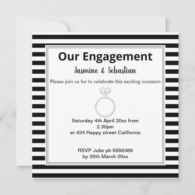 Black & White Stripe Diamond Ring Engagement Invitation (Front)