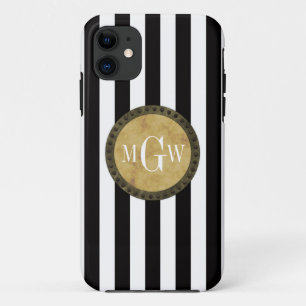 Black White Stripe Distressed Steampunk 3 Monogram iPhone 11 Case